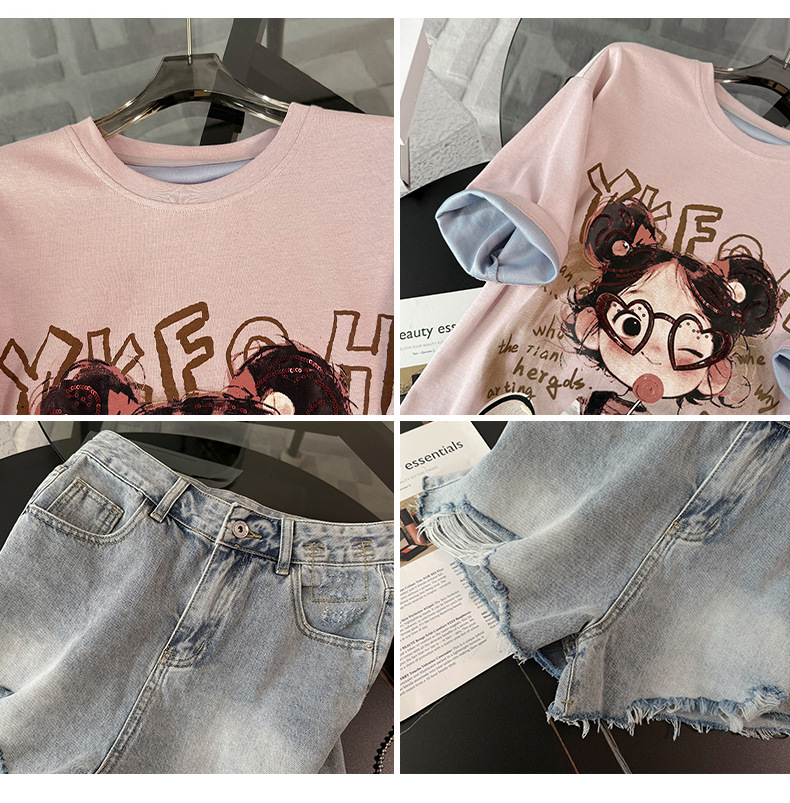 Women's Clothing Sweet Fashion Casual Suit For Women Summer New Round Neck Printed Embroidered T Shirt Loose Denim Shorts Two Piece Suit Trendy_ecoleips.com