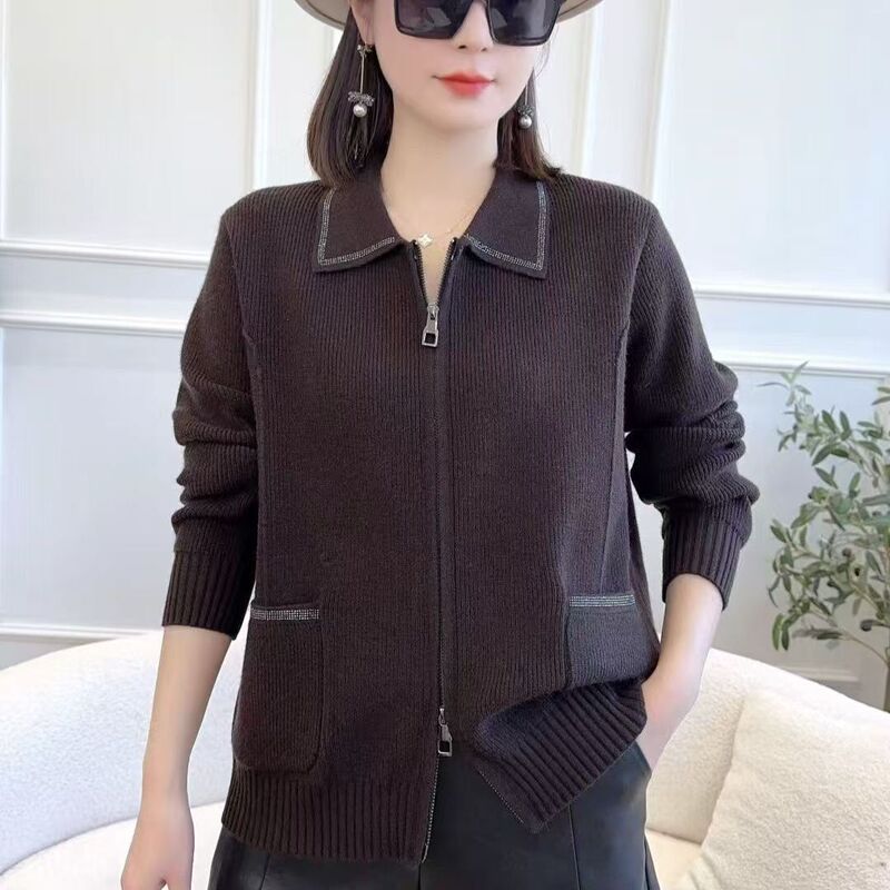 洋气新款2025休闲短款时尚妈妈毛衣拉链纯色翻领针织开衫外套上衣|undefined