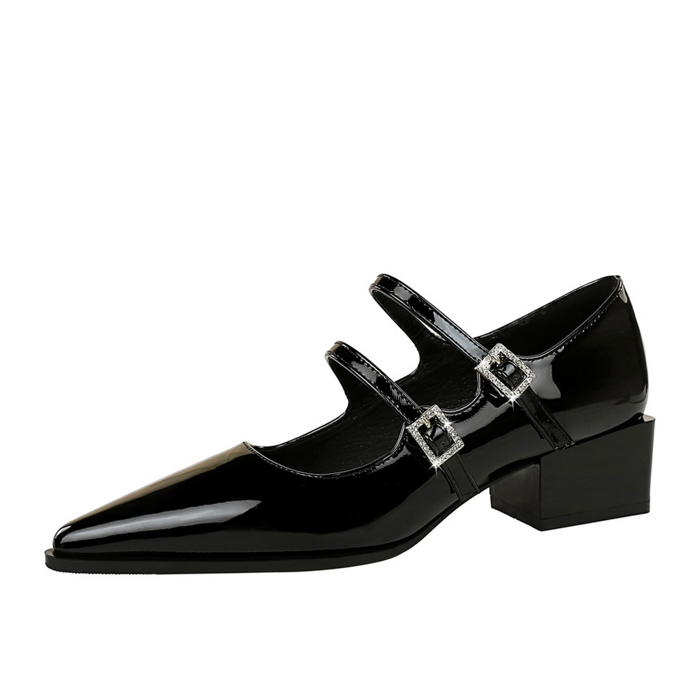 2838-5 European And American Style Fashion Retro Single For Women Patent Leather Square Root Shallow Mouth Pointed Toe_vogvips.com