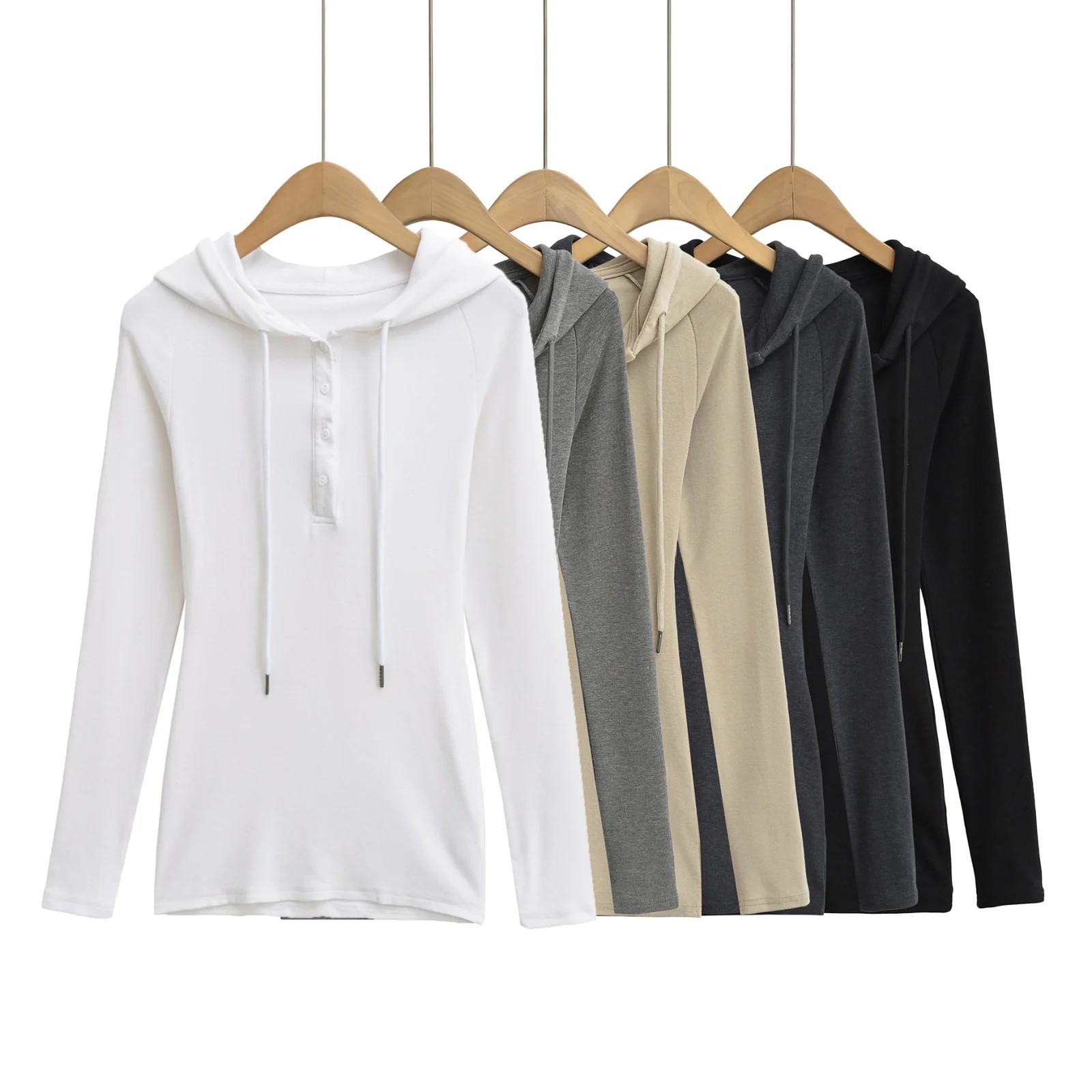 Autumn and Winter New Hooded T-Shirt Top Women's 2024 Half-placket Stretch Slim-Fit Slimming Short Base Shirt