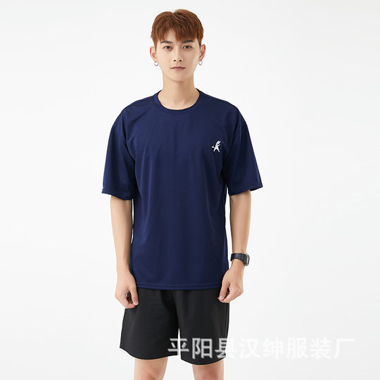 High-quality embroidered T-shirt men's summer breathable sweat-wicking casual sports suit outdoor loose large size running short-sleeved