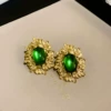 23#Silver needle green medium elliptical earrings