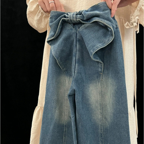 Cream-Colored Spring Denim Jeans 2025, Korean-style Chic Kids' Fashion with Designer Bow, Straight-Leg Wide-Leg Pants