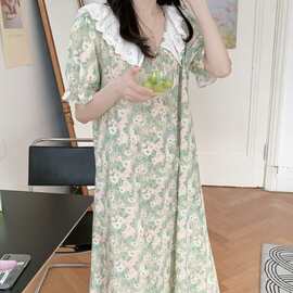 韩国ins女士夏季韩系简约舒适花边睡衣休闲宽松慵懒睡裙家居服女
