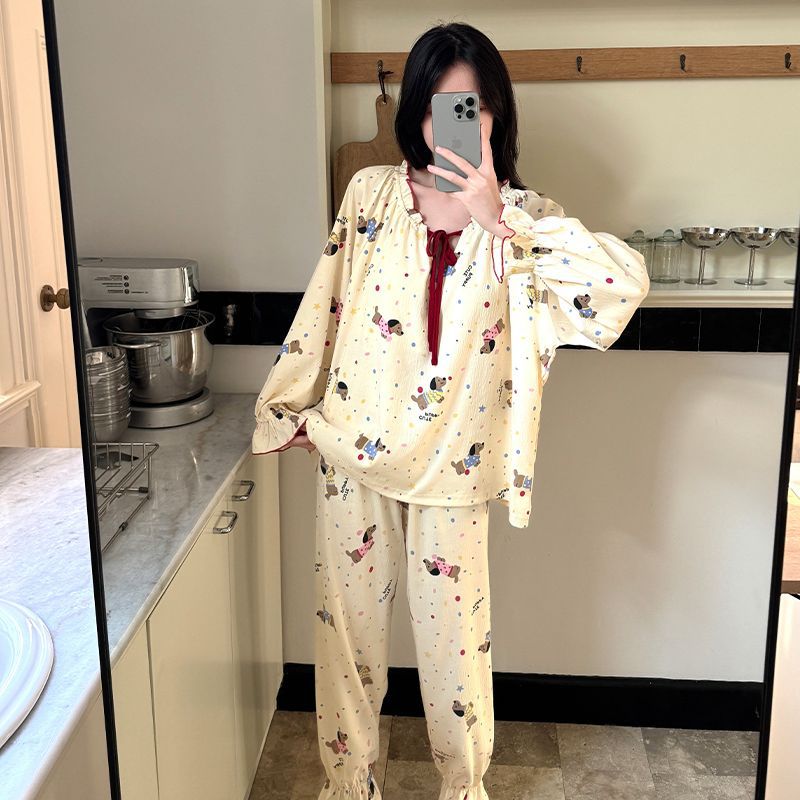 Al por mayor transfronterizo de otoño nubes de algodón cuello redondo mangas largas pantalones pijamas de mujer trajes creativos princesas estilo coreano ropa para el hogar