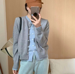 依帆泰韩系糖果色拼接假两件新款显瘦小众针织毛衣开衫女潮秋季