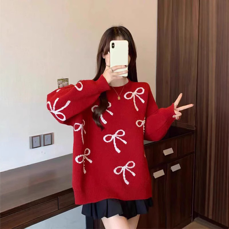 Suéter de Año Nuevo coreano para mujeres otoño y invierno nuevo viento perezoso hombre pequeño cuello redondo rojo chaqueta de punto