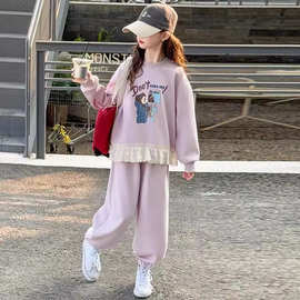 女童春装圆领卫衣卫裤两件套2026新款中大童蕾丝边长袖韩版套装潮