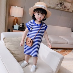 Children's Summer 2021 New Item Baby Girl Navy Blue Striped Sleeveless T-shirt Dress