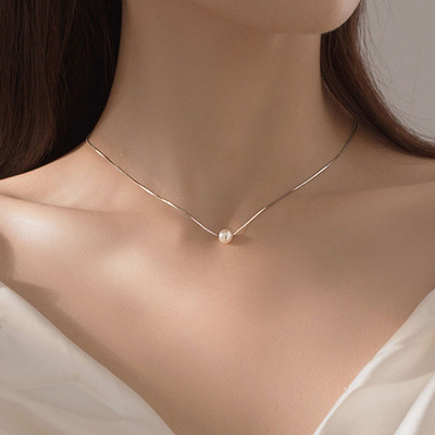 小清新925純銀簡約可愛珍珠項鏈新氣質貝珠鎖骨鏈女配盒仔鏈6810M