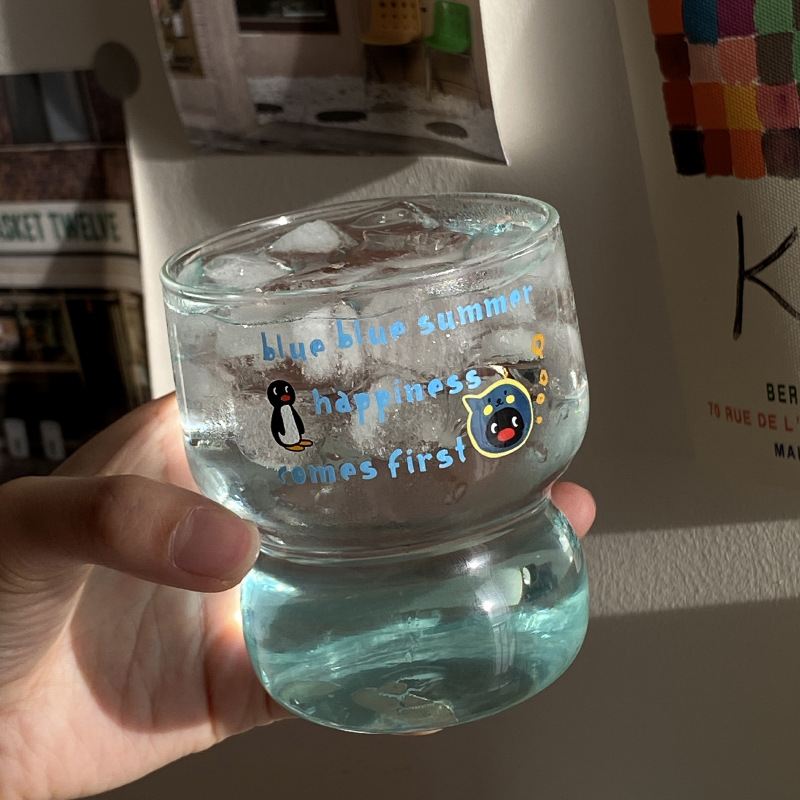 自制夏季可爱企鹅玻璃杯 小众ins简约高高硼硅水杯 耐高温|undefined