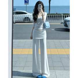 韩系气质一整套ootd穿搭夏季2026新款白色长袖上衣阔腿长裤两件套
