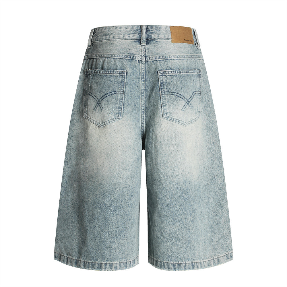 Men's American Punk Ripped Denim Capri Shorts Summer Style Washed Distressed Loose Wide Leg Trendy Cotton mid Waist Black Blue_mkmklike.com