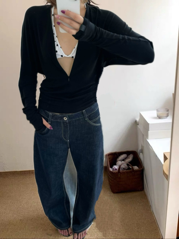 新款百搭休闲天丝羊毛显瘦V领隐拉蝙蝠袖针织上衣长袖女式T恤5327|undefined