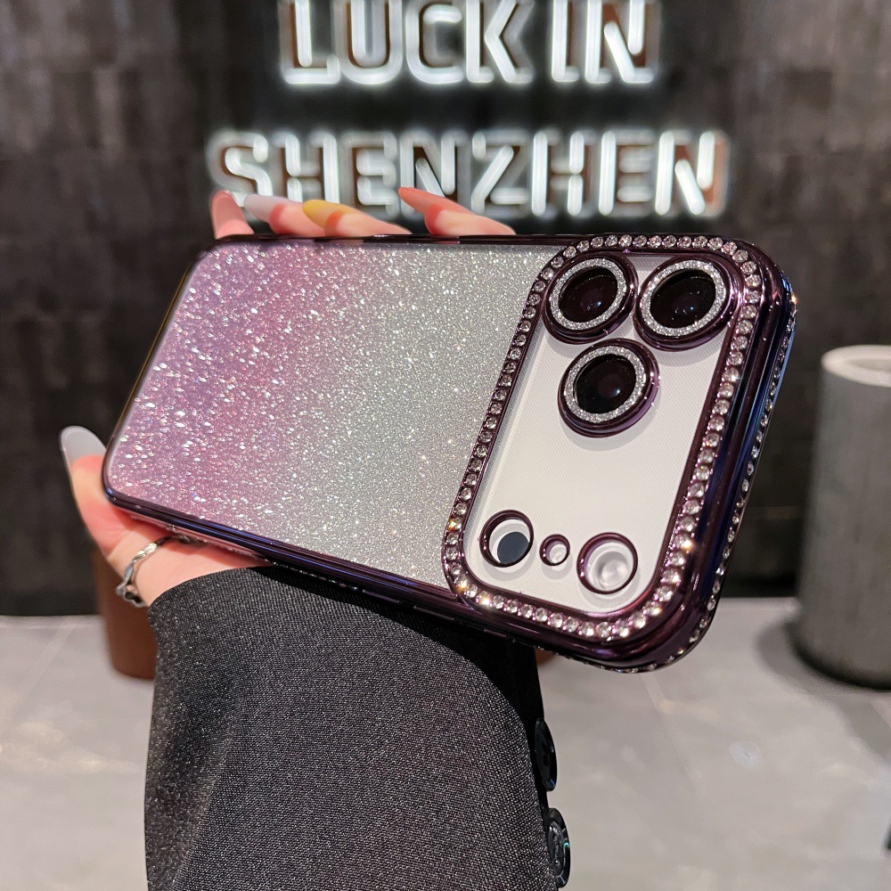 Adatto per iPhone 17 Pro Max con bordi quadrati impreziositi da diamanti, custodia glitterata sfumata per 16 Pro, 14/13, chiaro_voghion.com
