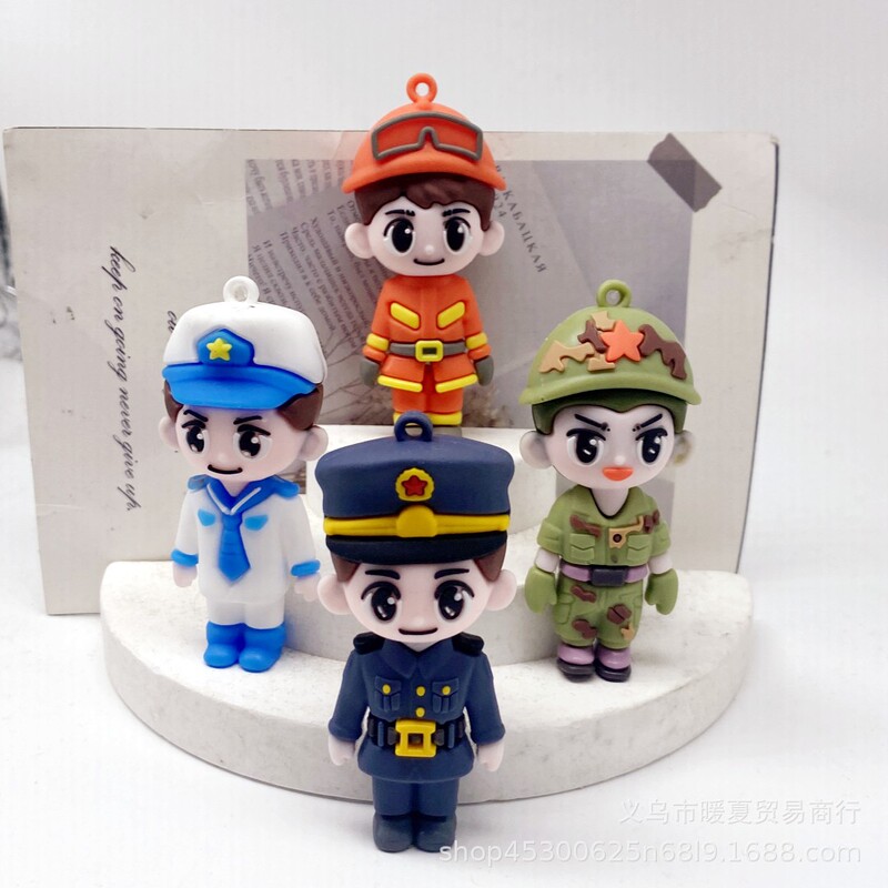 Cartoon police firefighter keychain accessories soft rubber navy soldier brother doll activity gift desktop small ornaments