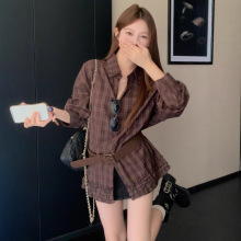 慵懒风木耳边格子长袖衬衫女秋季2025新款韩版中长款休闲宽松上衣