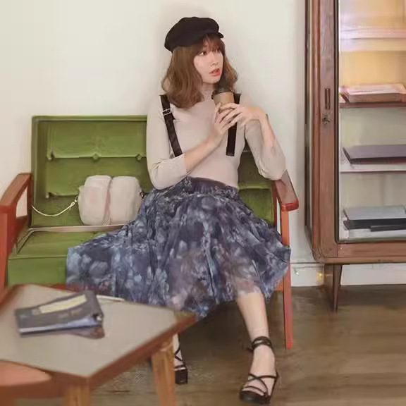 WZFS19210 Fall/Winter New Four-Daughter Gold R Brand Japanese Sweet Solid Color Strap Layered Knit Two-Piece Set