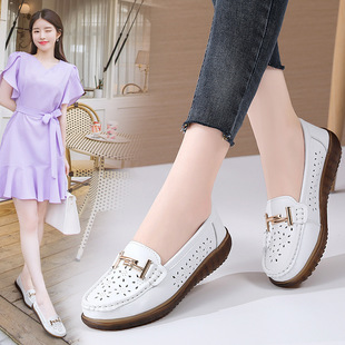 Genuine Leather hollow-out loafers for women 2022 summer new breathable flat hole shoes for pregnant women plus size soft bottom mother shoes