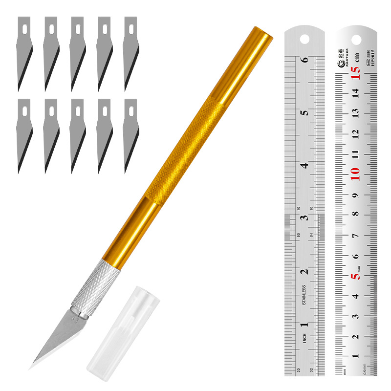 Juego de herramientas de tallado transfronterizo: cuchillo y regla de acero, cuchillo para manualidades con kit de cuchillas, regla de acero inoxidable de 15 cm para uso en bricolaje.