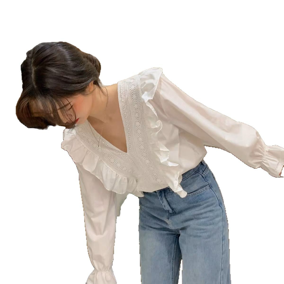 2025 New South Korea Ins Design French Niche Lotus Leaf Lace Elegant Loose Long Sleeve Shirt Top Women