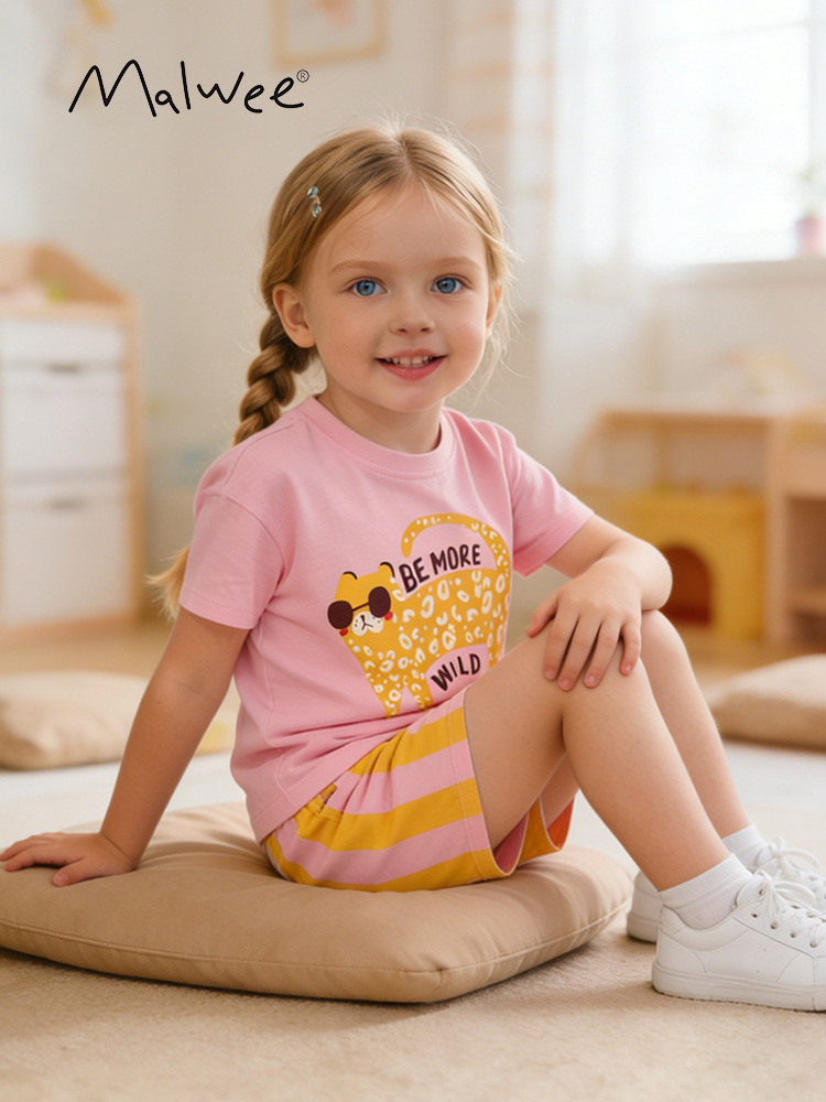 Trajes de niñas malwee transfronterizos de verano nuevos lindos camisetas de cuello redondo de niñas europeas y americanas para niños y medianos dos conjuntos