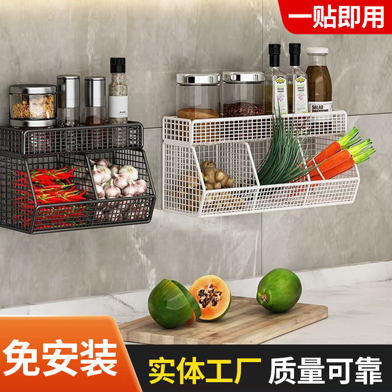 Kitchen Wall-Mounted Storage Rack for Storing Scallions, Ginger, and Garlic; Hanging Basket for Condiments and Spice Jars; No-Drill Suction Wall-Mounted Organizer