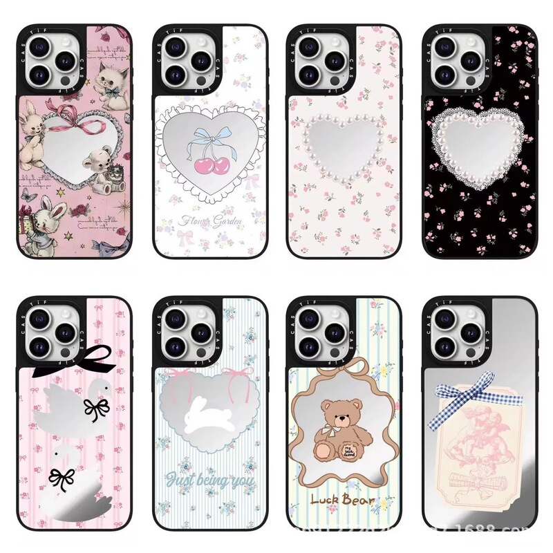 Collaboration with Pearl Floral Heart Rabbit Mirror Case for iPhone 17 Pro Max, Cute Apple 16 Pro Phone Case