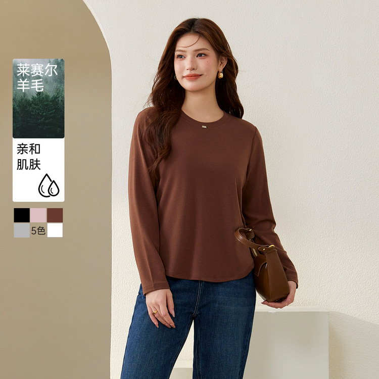 Xianli Show large-size women's clothing simple temperament casual and versatile comfortable Tensi wool T-shirt Fat mm2024 autumn new style