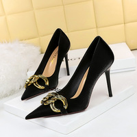 7239-1 European and American Fashion Sexy Night Club Slim Slim Heel Super High Heel Women's Shoes Shallow Mouth Pointed Head Large Metal Buckle Single Shoes