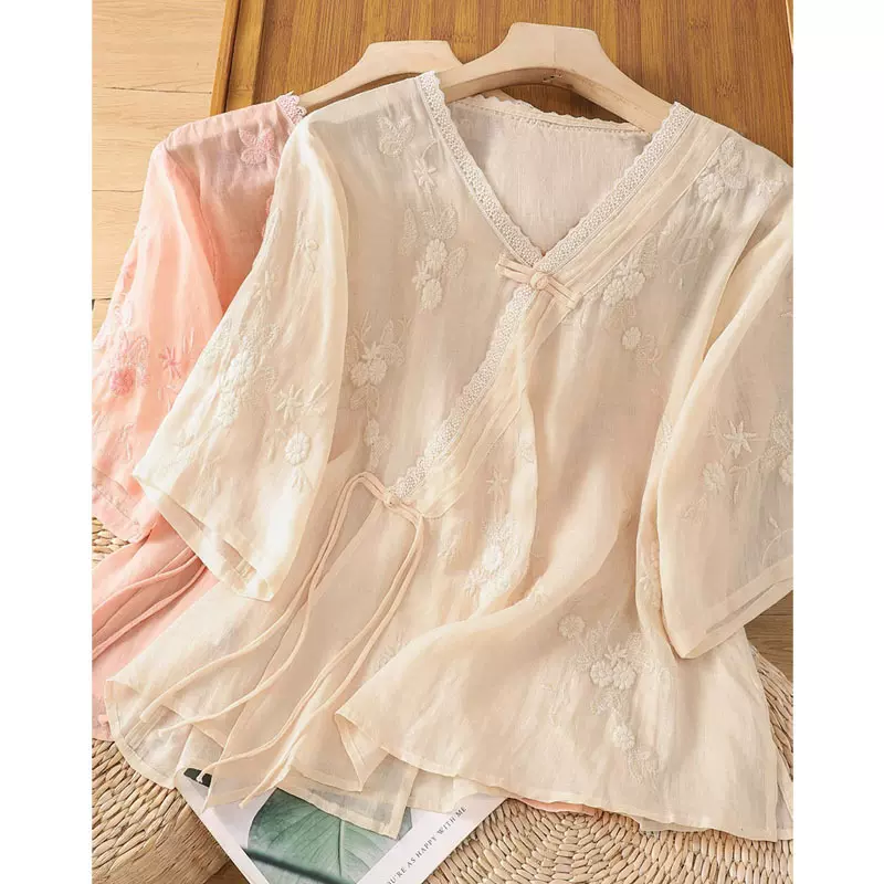 女装棉麻文艺复古刺绣衬衫春夏季气质斜襟盘扣茶服新中式小衫上衣