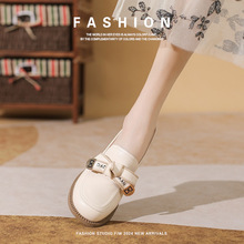 真皮配裙女工学院风小皮鞋子蝴蝶结鞋工作一脚蹬穿粗跟百搭女鞋