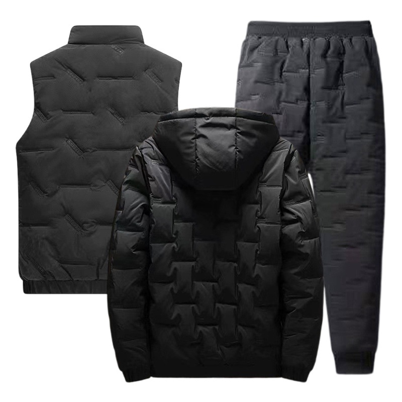 Cross-border invierno nueva ropa de algodón acolchado de tres piezas de los hombres engrosada con capucha de color sólido ropa de algodón acolchado pantalones de algodón conjunto completo juego de traje casual