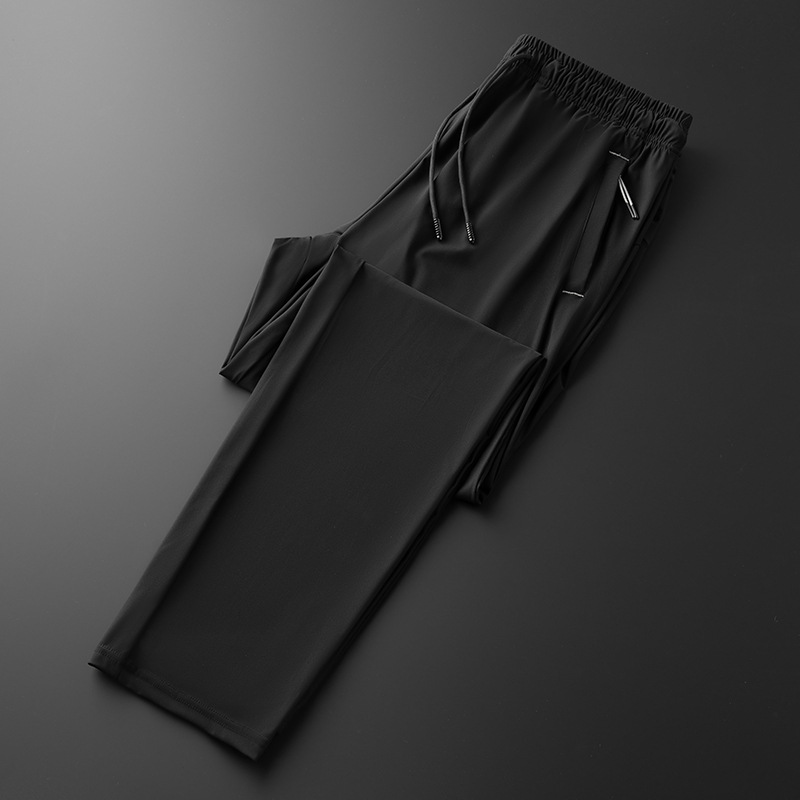 秋冬款弹力面料高弹薄款大码长裤黑色中腰现货纯色青年日常运动裤