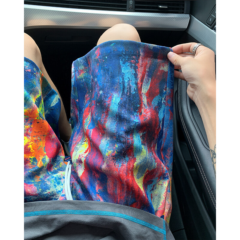 Splash-Ink Oil Painting Ice Silk Quick-Dry Shorts for Men, Summer Trendy Brand Design, Loose Straight Wide-Leg Sports Shorts