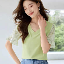 熙世界2025夏季新款雪纺印花荷叶袖V领T恤女宽松遮肉洋气1A2ST914