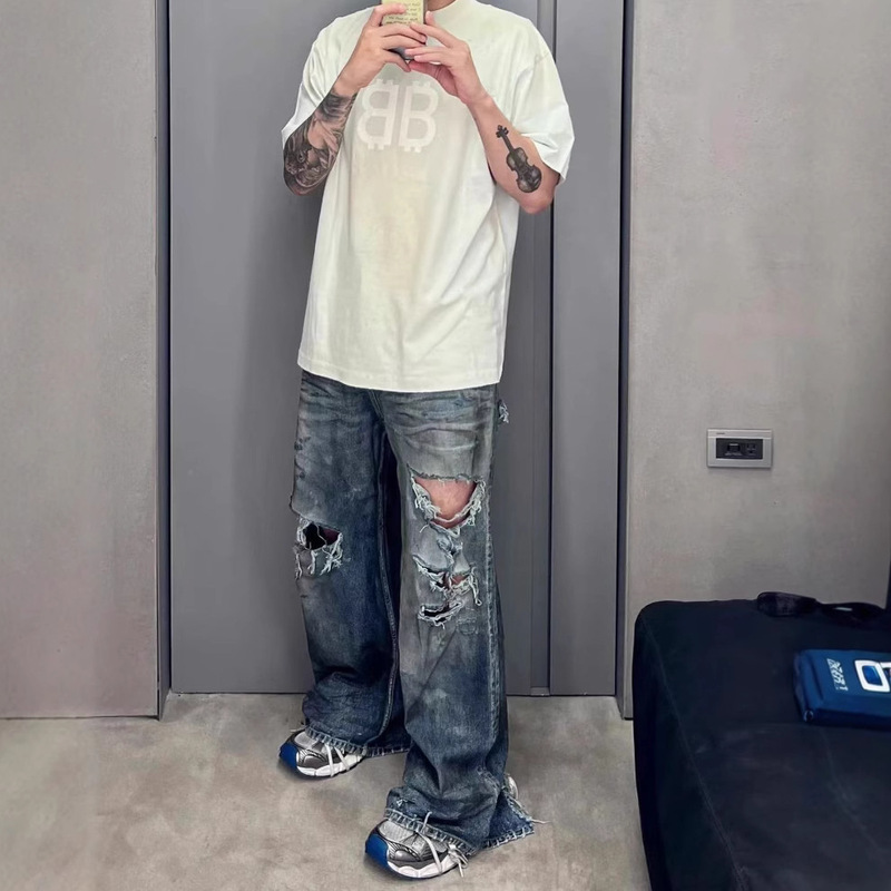 B family erosive mud straight tube wide leg trousers baggy hole old jeans Paris style wookvibe same