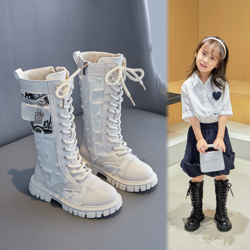 Trendy girls' boots autumn and winter single boots children's mid-high boots new Korean style canvas school bag British style