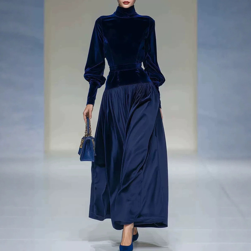 Velvet Patchwork Long-Sleeved Dress European and American Cross-Border Elegant Fashion Casual Eye-Catching Comfortable Long Dress