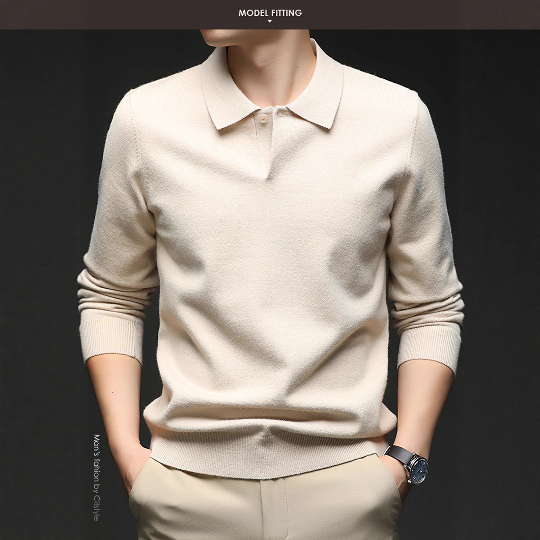 Polo de color sólido para hombres otoño y invierno moda jacquard camiseta de regazo de manga larga regazo nuevo suéter de hombre casual