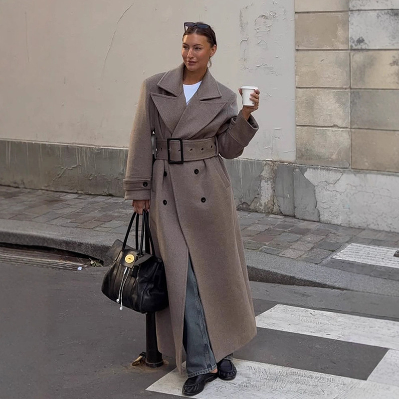 Fashionable Commuter Style Solid Color Lapel Long Wool Coat with Belt 2025 Autumn and Winter New Cross-Border European and American Style Fashionable Commuter Style Solid Color Lapel Long Wool Coat with Belt 2025 Autumn and Winter New Cross-Border European and American Style