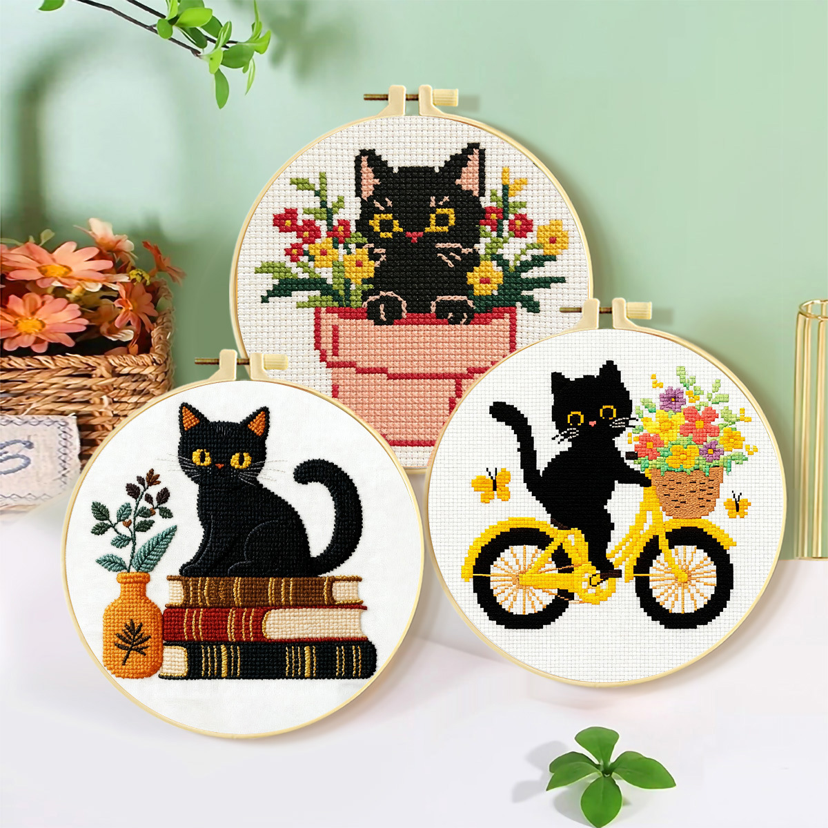 Fábrica directa de bordado cruzado transfronterizo Amazon tres pequeños gatos negros pequeños kits de bordado simple DIY