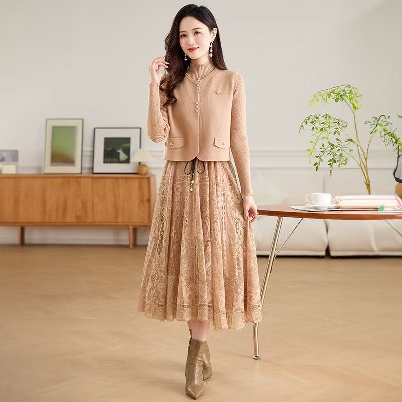 Two-Piece High-End Knitted Dress for Women, Autumn and Winter New Fashion Vest, Slim Long-Sleeved Suit, Long Skirt with Straps