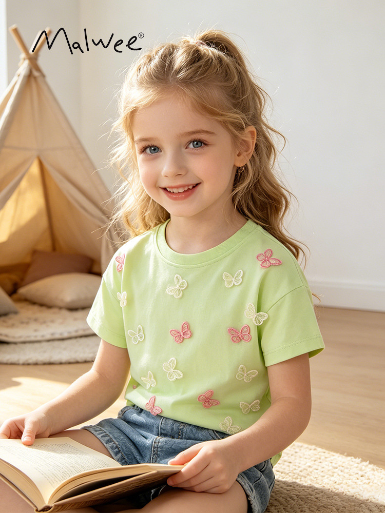 Malwee verano niñas de manga corta nueva camisa de cuello redondo para niños europeos y americanos camiseta de cuello redondo estilo occidental para niños