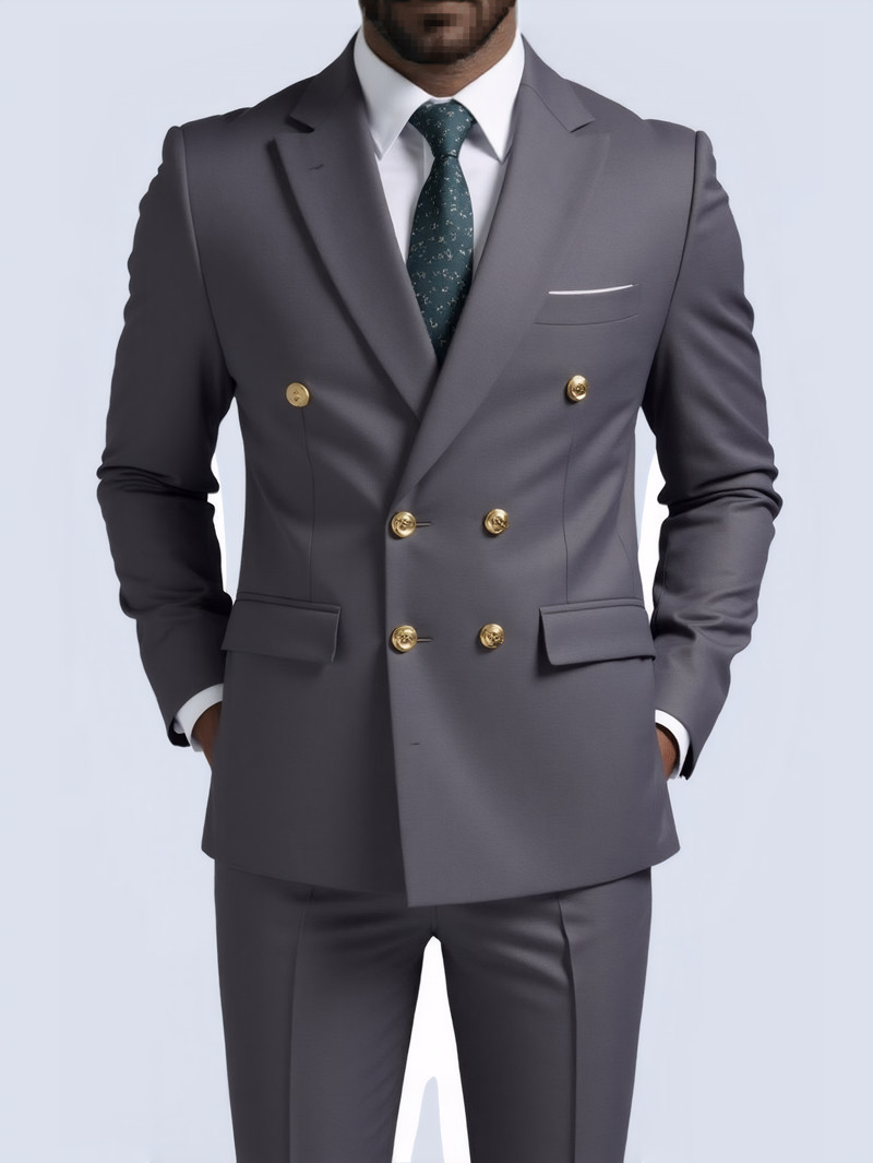 Men's Slim Fit Suit With Double Breasted Gold Buttons Set_voghion.com