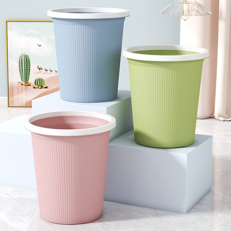 Round Striped Trash Can with Plastic Ring, Household Kitchen Trash Bin, Large Garbage Basket, Paper Basket, Trash Bin Wholesale