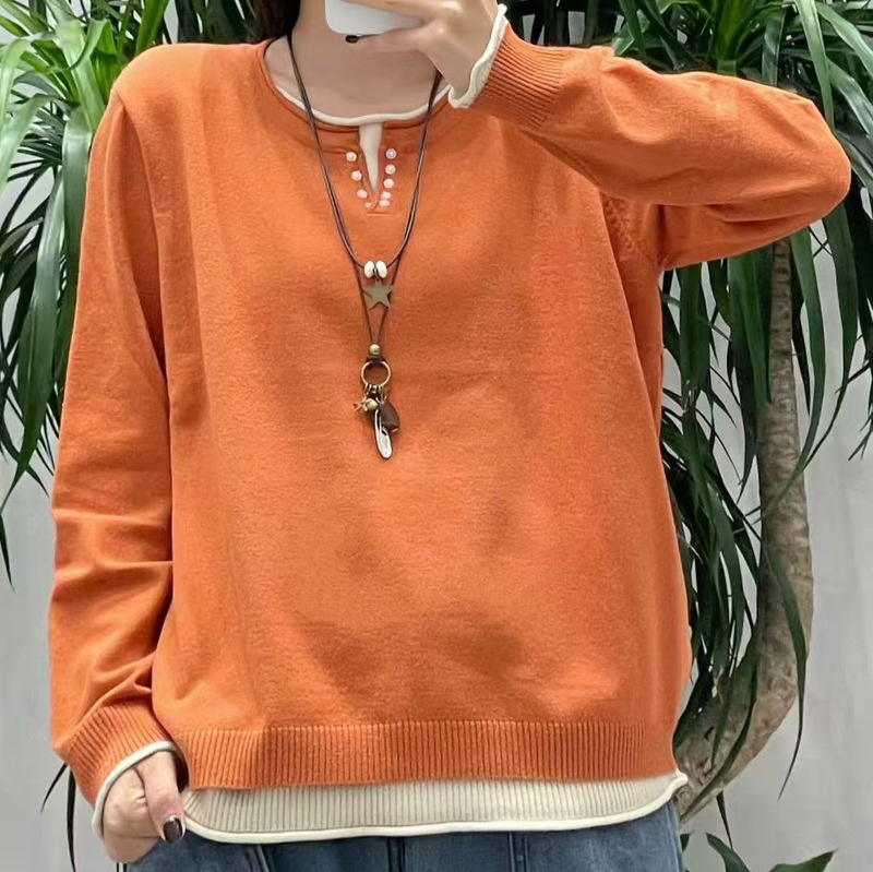 Autumn and Winter New Wool Blended Knitwear Loose Large Size Fake Two-Piece Set Literary Bottoming Shirt Women's Top 9962 Autumn and Winter New Wool Blended Knitwear Loose Large Size Fake Two-Piece Set Literary Bottoming Shirt Women's Top 9962