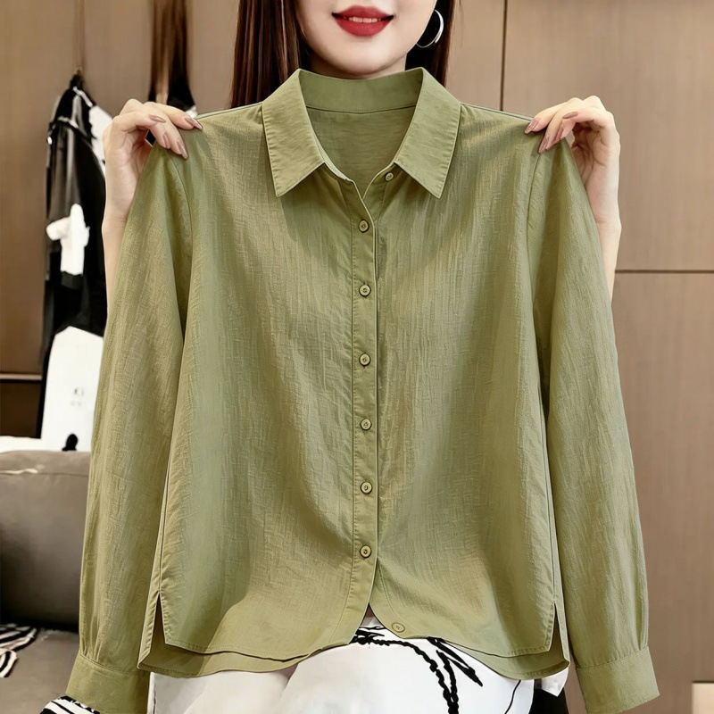 Trendy, solid-color, slimming cotton-linen polo shirt with button-down long sleeves, a versatile and stylish outerwear piece for women, featuring a unique design Trendy, solid-color, slimming cotton-linen polo shirt with button-down long sleeves, a versatile and stylish outerwear piece for women, featuring a unique design
