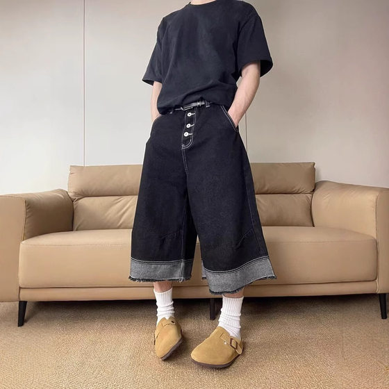 Factory Direct Sale Washed New Spliced Raw Edge Jeans Men 2025 Summer Loose Multi-Pocket Button Cropped Pants