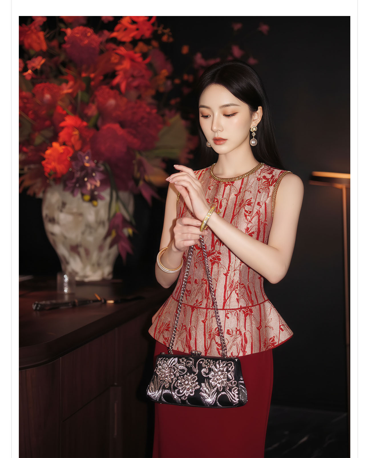 Set áo vest không tay và chân váy midi họa tiết thêu hoa văn cổ điển Trung Hoa — bộ đồ, nửa váy, Trang chủ chi tiết 2